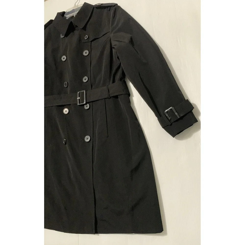 London Fog Women's Trench Coat Black Double Breasted Size Large Plaid Lining